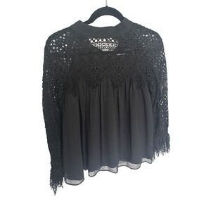 Stevie May Black Crochet Lace Long Sleeve Blouse Mock Neck Top Small whimsygoth